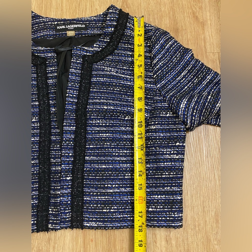 Karl Lagerfeld Navy Tweed Cropped Jacket with Black Trim - Picture 4 of 5